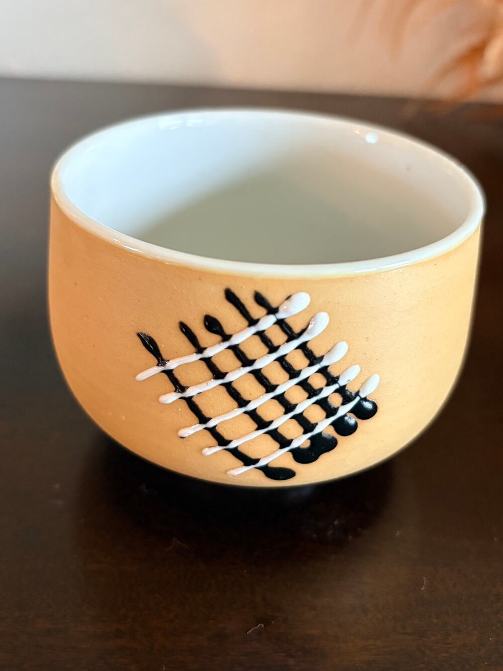 Studio Pottery Bowl Tan Black White Raised Grid Geometric MCM 3.5"